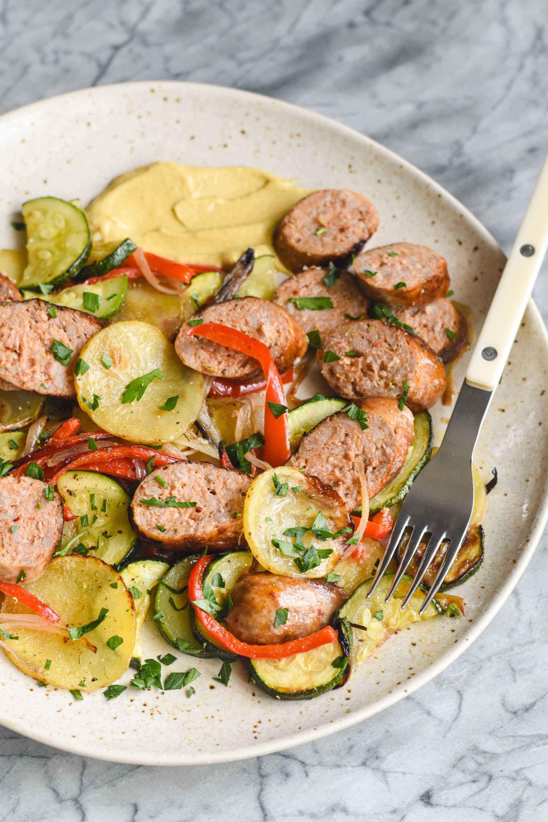 Italian Sausages with Roasted Squash, Peppers, and Onions